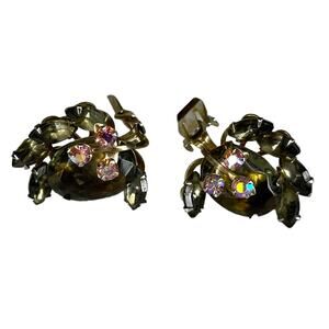 Topaz Brown Stone Gold Tone Clip On Earrings Vtg Art Deco  Retro Leaf Pattern